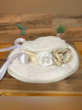 Handmade Derby hat white lace coquette floral satin
